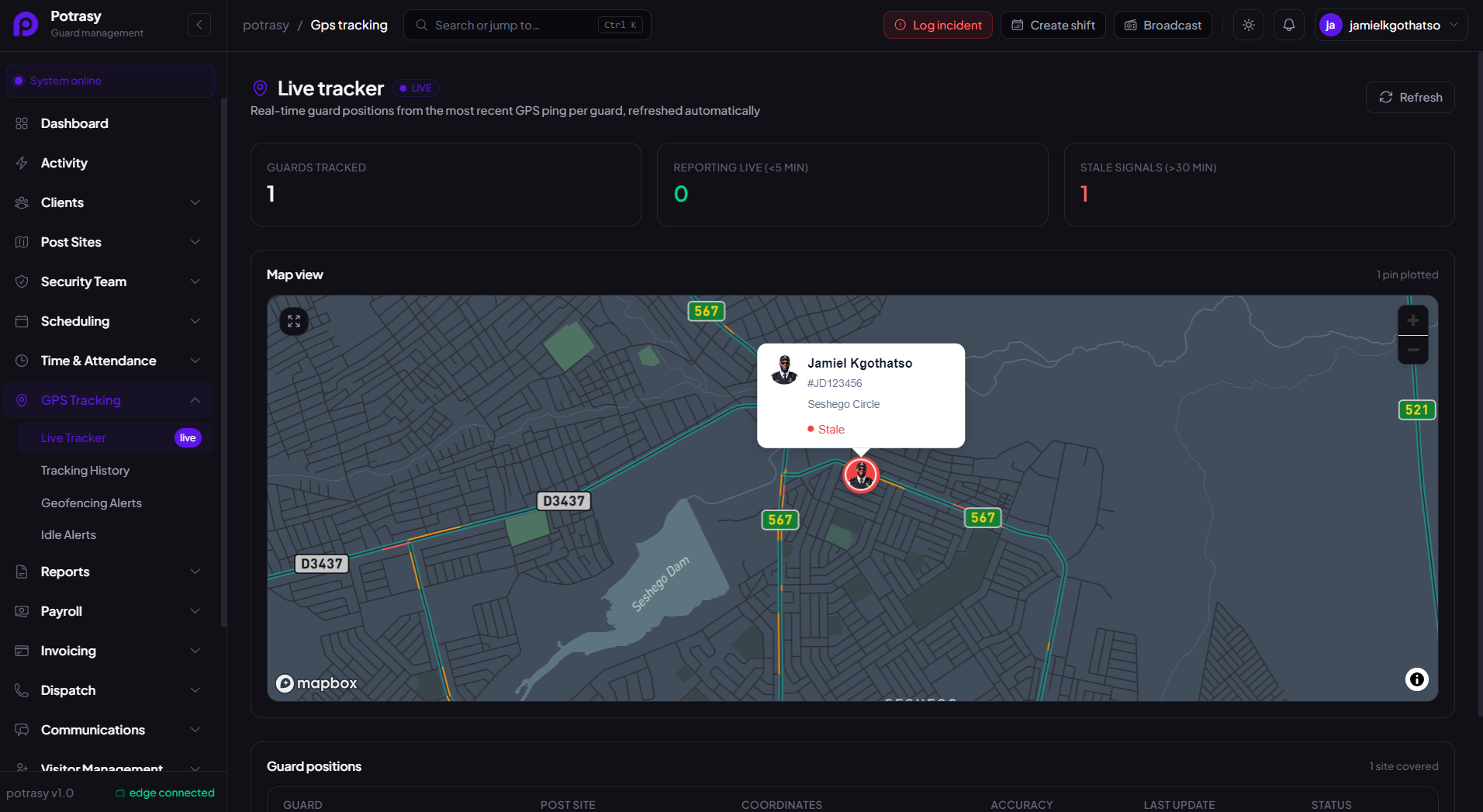 GPS Tracking screen in Potrasy