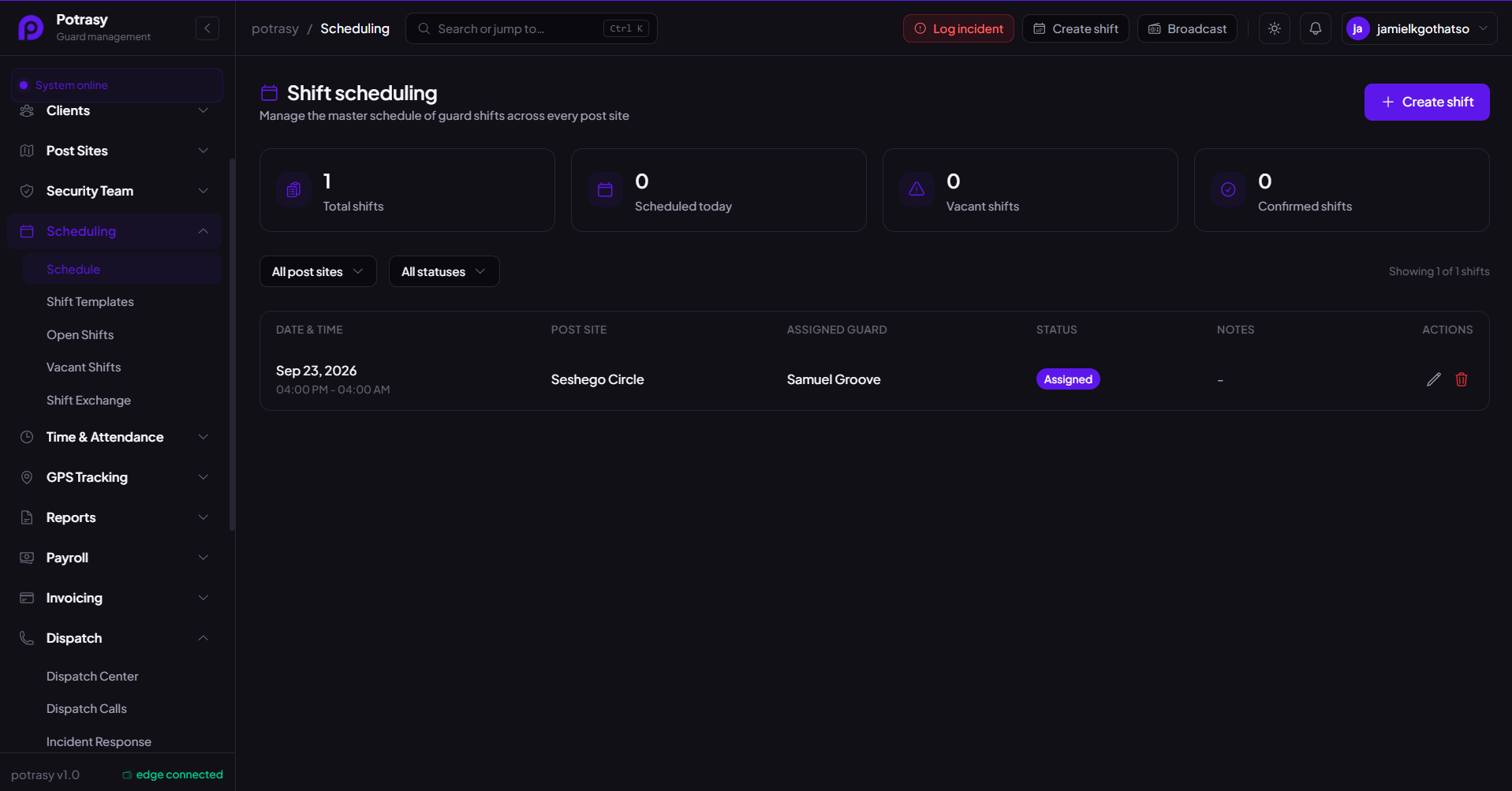 Scheduling screen in Potrasy