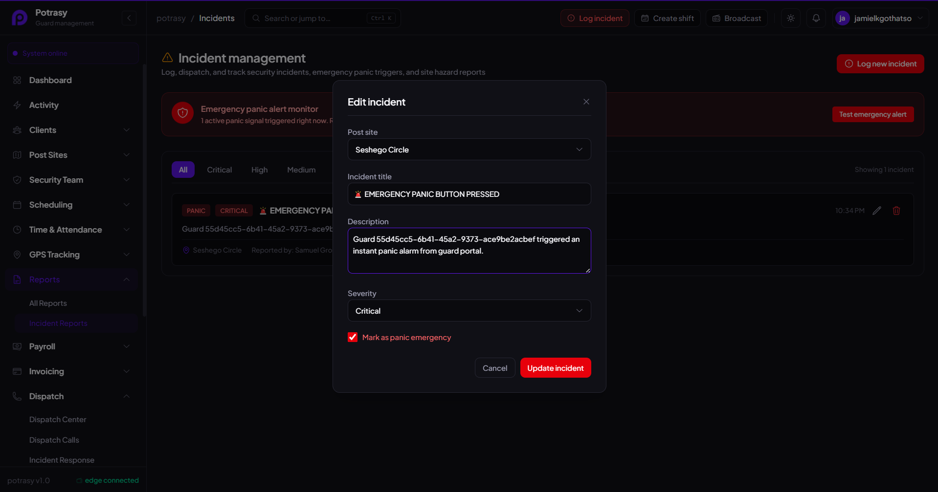 Incident Reporting screen in Potrasy