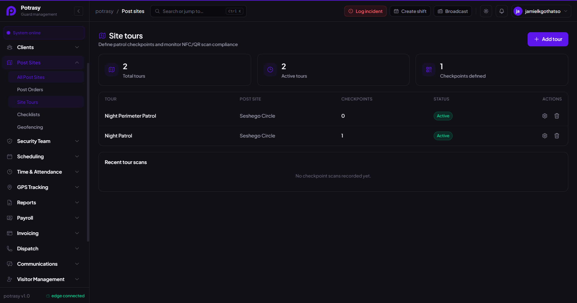 Site Tours screen in Potrasy