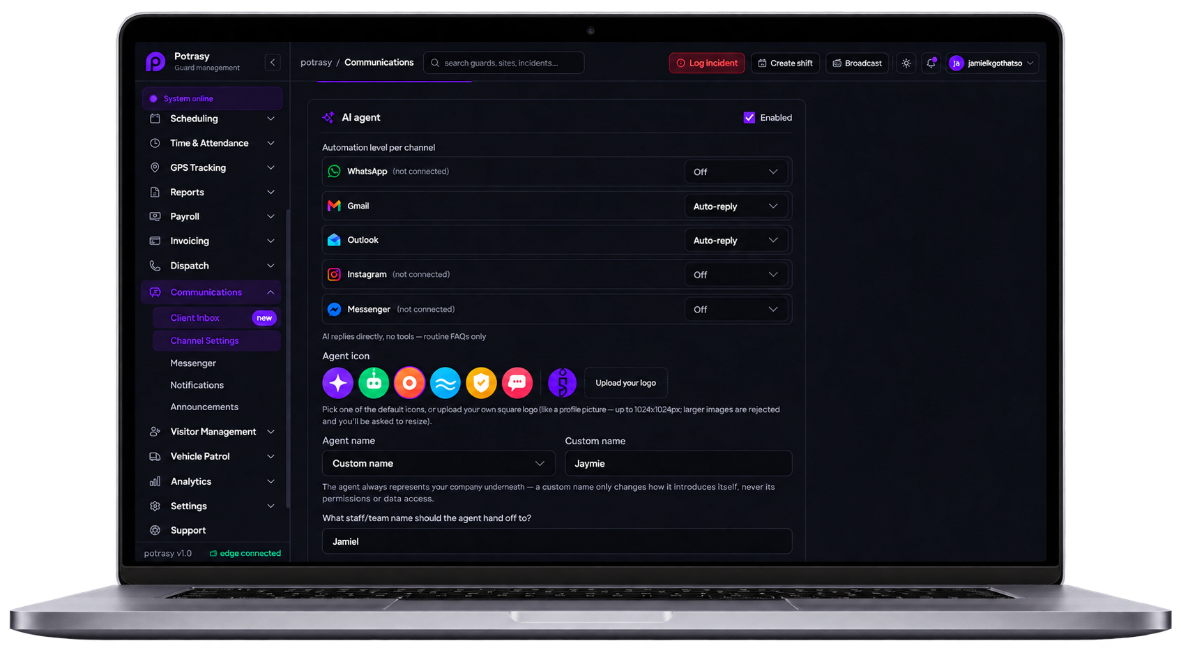 Potrasy operations dashboard showing guards, sites and live activity