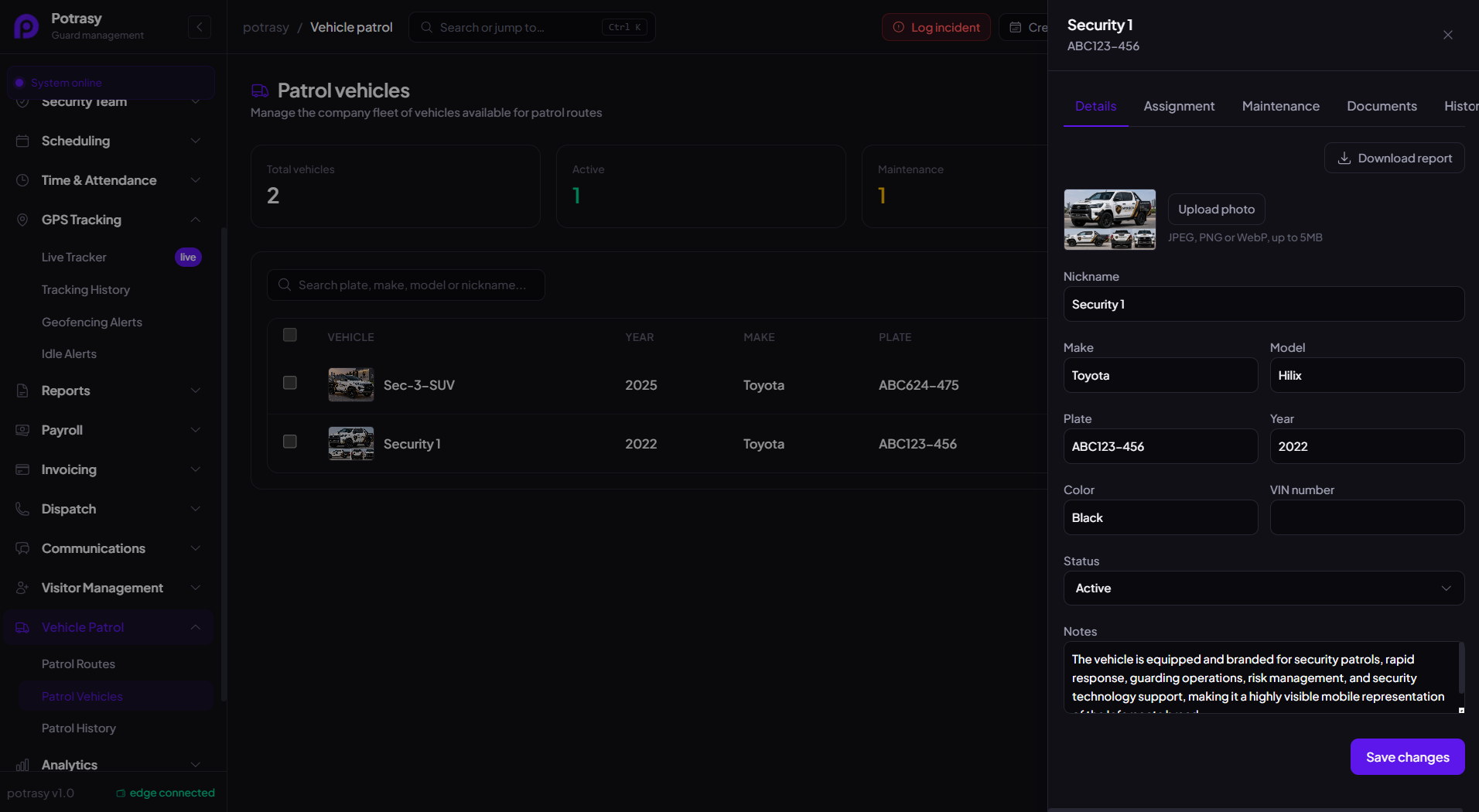 Potrasy vehicle tracking screen showing patrol vehicles and their status